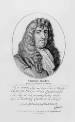 Porträt von Samuel Butler (1612-80) mit einer Probe seiner Handschrift